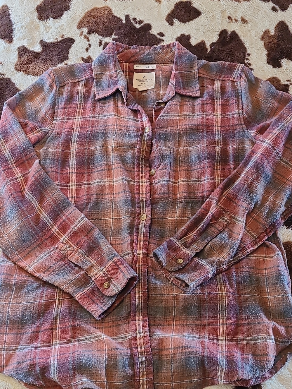 American Eagle Outfitters Womens  Washed Red Flannel Button-Down Shirt Soft
